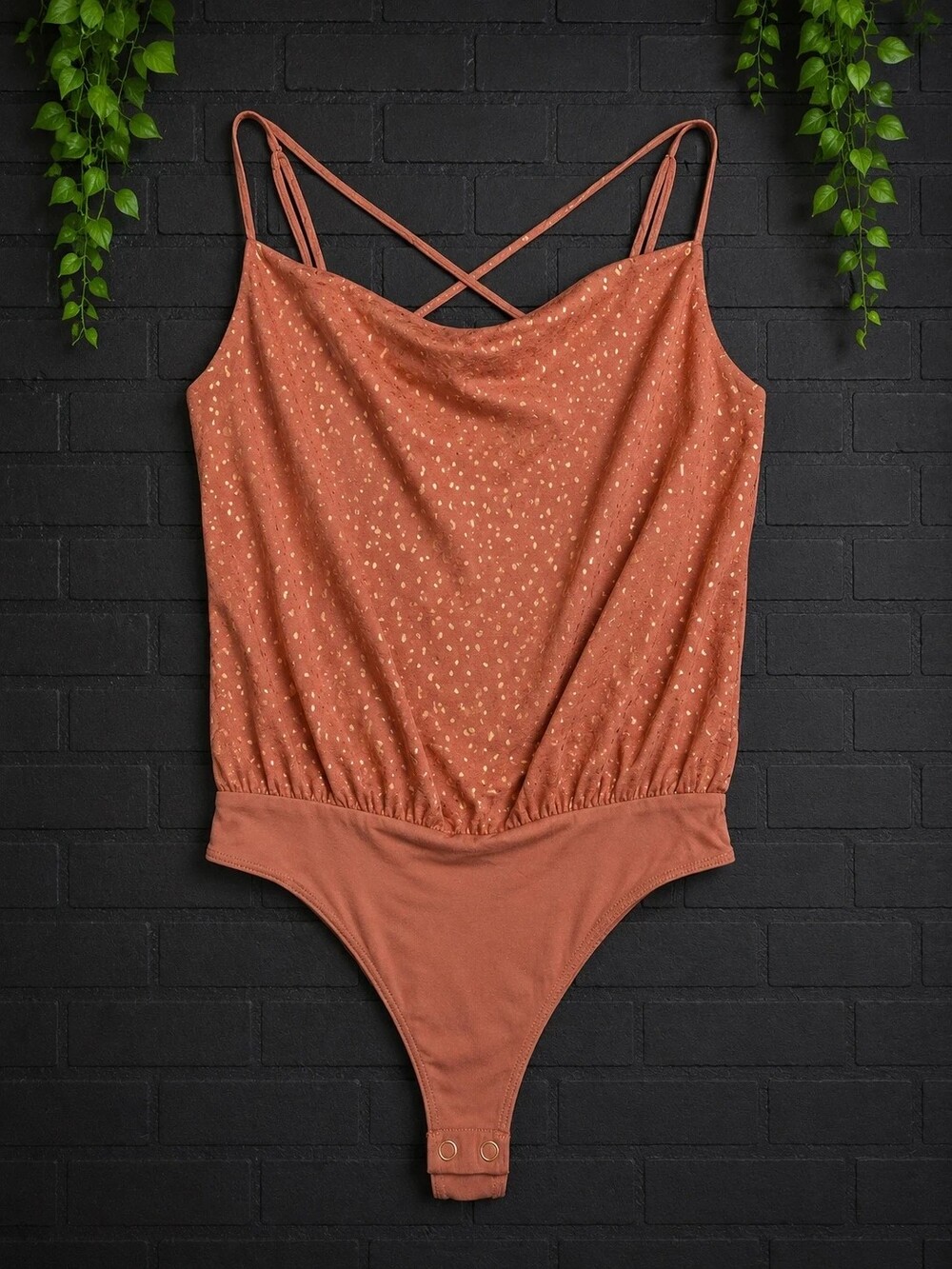 Express Satin Cowl Neck Gold Foil Bodysuit Small NWOT